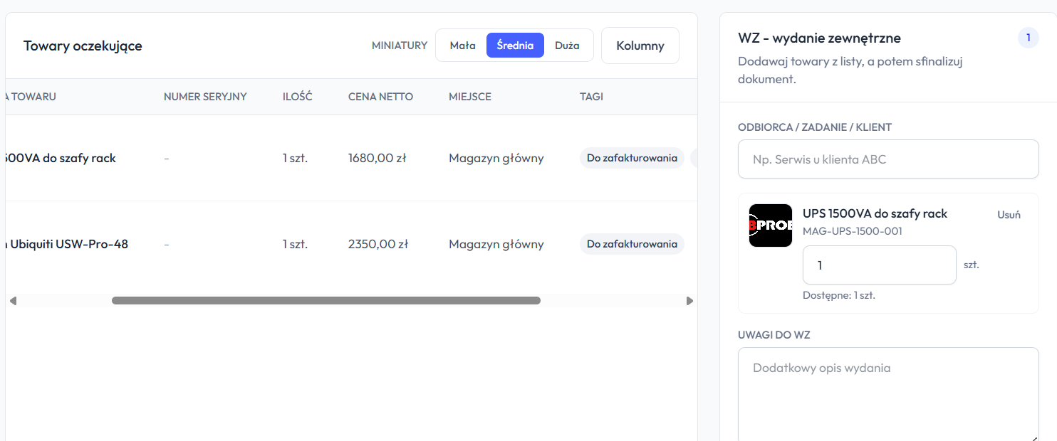 Tworzenie dokumentu WZ w magazynie OWMapp